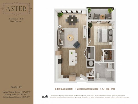 Floor plan for 1 bed, 1 bath, 865 sqft